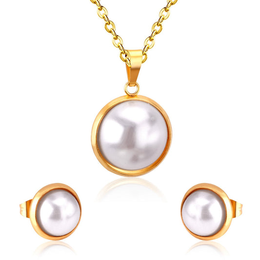 Half Imitation Pearl Stainless Steel Necklace Earrings Set Gold/Silver Color For Woman Wedding Jewellry Accessories