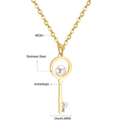 Fake Pearl Key Pendant Necklace For Men Women Jewelry Stainless Steel Necklaces Collars Collier Accoessries mujer