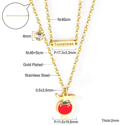 ASON Tomato Pendant Multi Layer Necklace Gold Color Stainless Steel Chain with Cubic Zirconia for Women Girl Fashion Gift