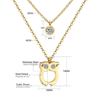 ASON Double Chains Necklaces 45cm Collars Jewelry Owl Pendant Necklaces Round Cubic Zirconia Accessories Bijoux Female