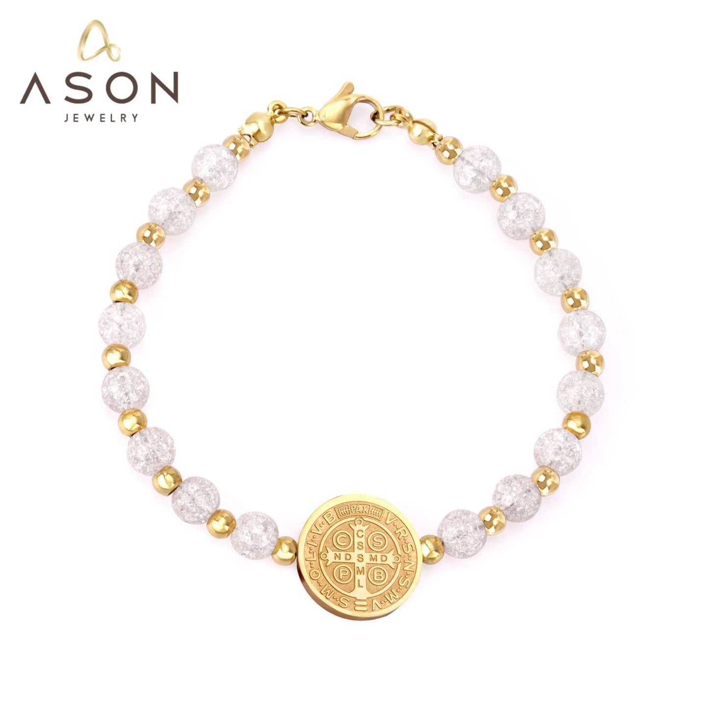 ASON Beaded Crystal Round Jesu Pendants Bracelets & Bangles For Women Girl Stainless Steel Beads pulseira Bracelets Party