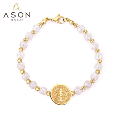ASON Beaded Crystal Round Jesu Pendants Bracelets & Bangles For Women Girl Stainless Steel Beads pulseira Bracelets Party