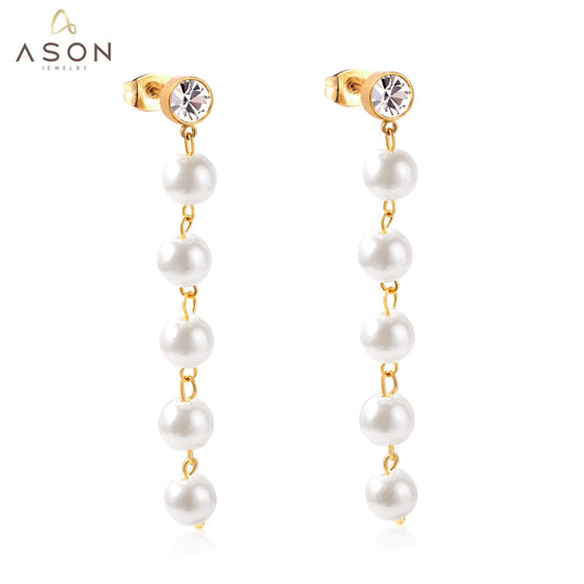 ASON Stainless Steel Imitation Pearls Drop Earrings with Cubic Zirconia for Women Hanging Dangle Earring Fashion Jewelry