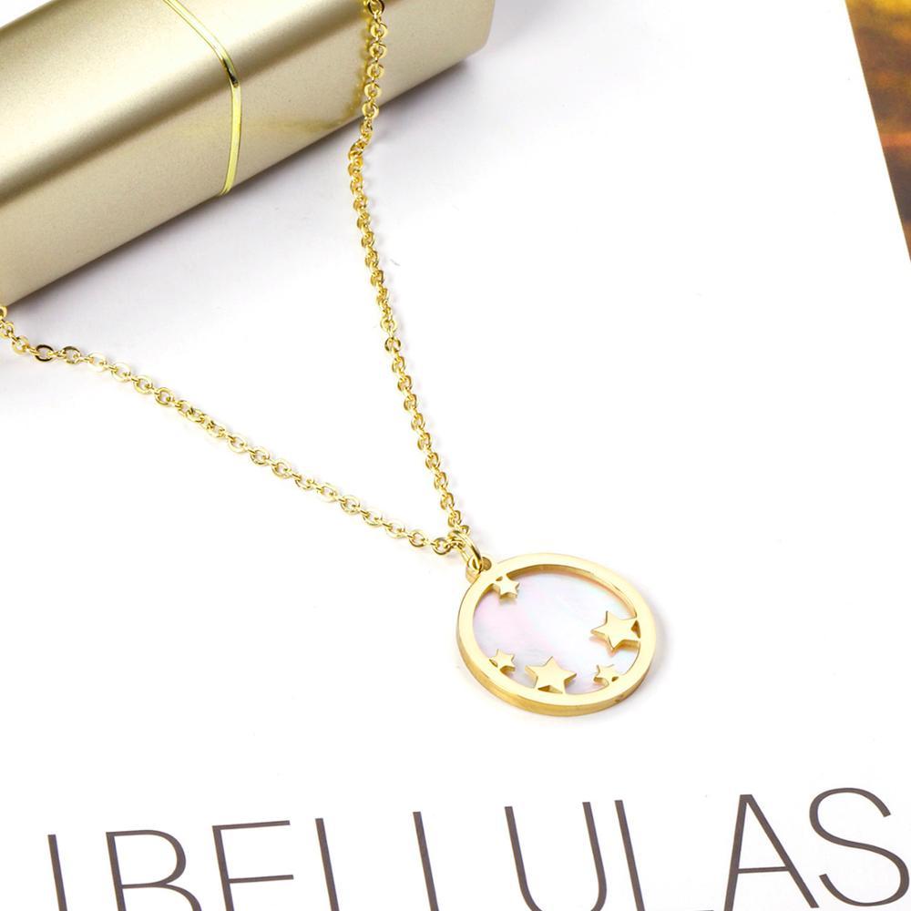 ASON Fashion 18mm Chain Round Star Shell Pendant Necklace Gold Color Stainless Steel for Women Party Gift Fashion Jewelry