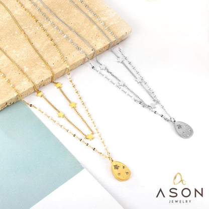 ASON Trendy Star Accessories Oval Cubic Zirconia Charm Pendant Necklaces Gold Color Stainless Steel For Women Jewelry Gift