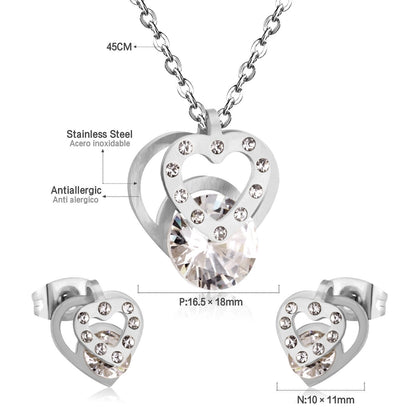 Hot Sale Stainless Steel Sets CZ Fashion Heart Jewelry sets Women Valentine's Day present