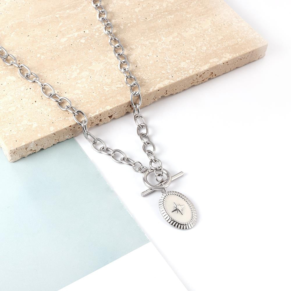 ASON Trendy Oval Lucky Star OT Clasp Charm Pendant Necklace Gold Color Stainless Steel For Women Jewelry Chokers Party Gift