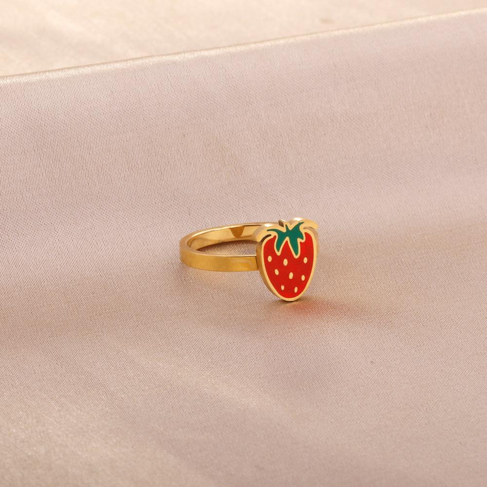 ASON Trendy Style Cute Strawberry Shape Circle Ring Gold Color Stainless Steel For Women Jewelry Accessory Daily Wear Patry
