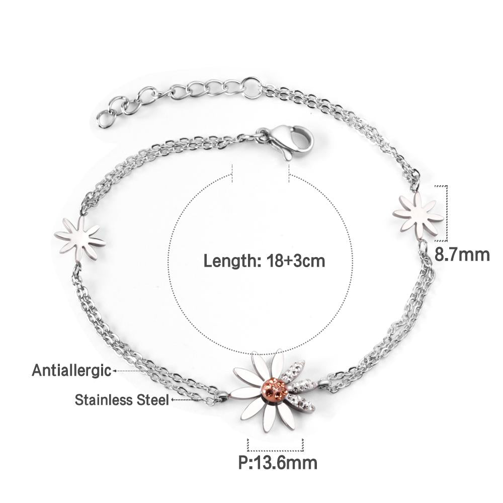 ASON Trendy Silver Color Stainless Steel 18+3 cm Daisy Cubic Zirconia Accessory Bracelets For Women Daily Wear Jewelry
