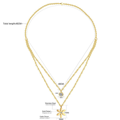 ASON Flower Round Cubic Zironia Choker Multi-layer Chains Pendant Necklace Stainless Steel Gold Color Fashion Jewelry Daily