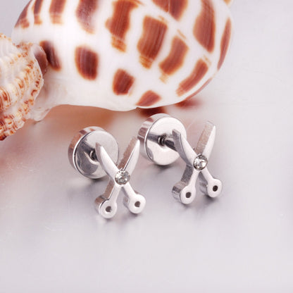 ASON Gold Color AAA CZ Scissors Screw Piercing Stud Earring Set for Women Cool Jewelry Stainless Steel Crystal Earring