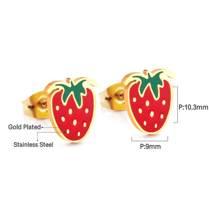Enamel Girls Kids Small Earrings Stainless Steel Gold Color Push Back Strawberry Stud Earring Fashion Jewelry Party Baby Accessorie