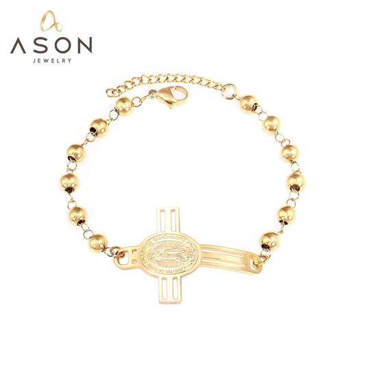 ASON Religious Jewelry Stainless Steel Gold Color Beaded Bracelets Bangle Women Men Fashion Jewelry Chains Bracelets Rosary