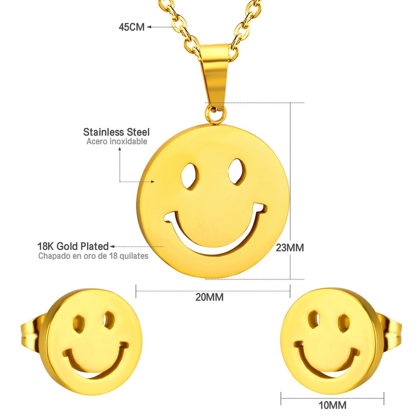 ASON Smile Face Jewelry Set Stainless Steel Pendant Necklace Small Piercing Stud Earrings Gold Color Fashion Party Gift
