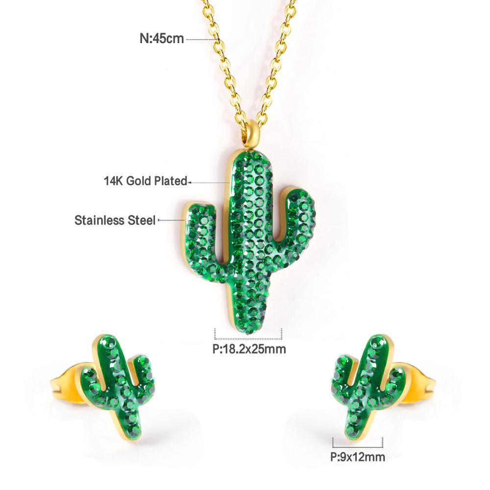 ASON Gold Color Stainless Steel Cactus Necklace and Earrings Jewelry Set with Green Rhinestone for Women Accessory Jewelry
