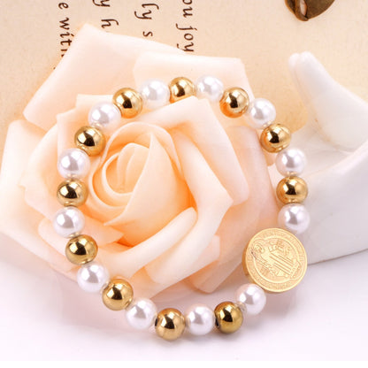 ASON Pulseras Ball Beaded Bracelets With Imitation Pearl Gold Color Stainless Steel Round Jesu Pendants Women Bangle