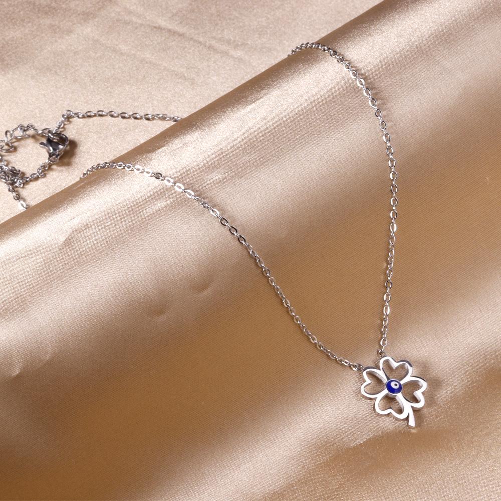 Blue Evil Eyes Bead Four Leaf Clover Pendant Necklace For Women Girls Silver Plate Stainless Steel Rolo Chain Choker