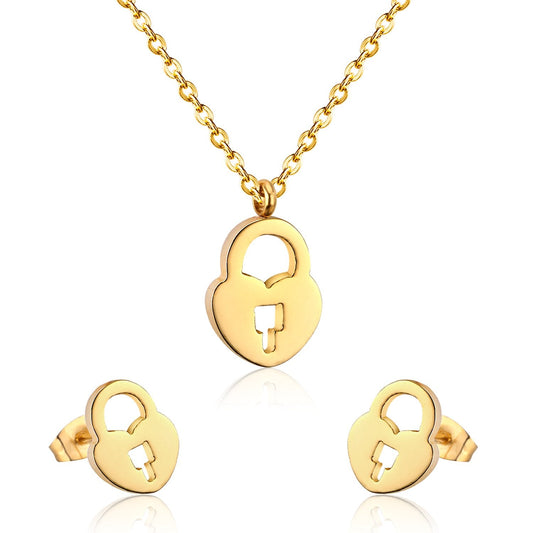 Heart Shape Lock Stainless Steel Silver Color Necklaces Earrings Sets For Ladies Party Jewelry Set pendientes mujer
