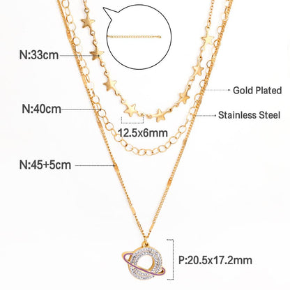 Planet Design With Shiny AAA Zirconia Triple Three Layer Pendant Necklace With Stars Collier Mix Trendy Jewelry 90S