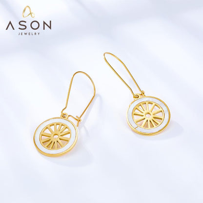 ASON Wheel Shape Drop Earrings With White Shell Gold Color Stainless Steel Piercing Earrings For Women Trendy Office Party