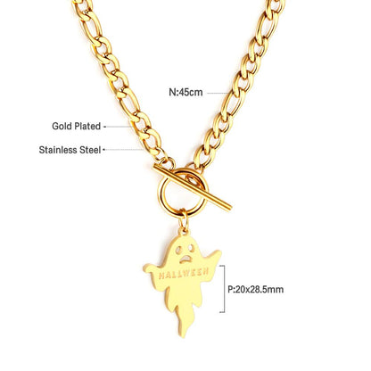 ASON Trendy Halloween Ghost Link Chain With OT Clasp Pendant Necklace Gold Color Stainless Steel For Women Men Jewelry Boho