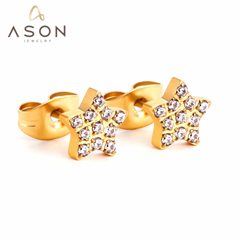 ASON Small Earrings Stainless Steel Star Heart Crown Earring with Rhinestones for Women Gold Color Jewelry Accessory