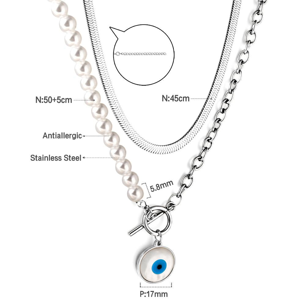 Fashion Shell Evil Eye Pendant Necklace Snake Pearl Double Chain For Women Stainless Steel Turkish Wedding Party Gifts