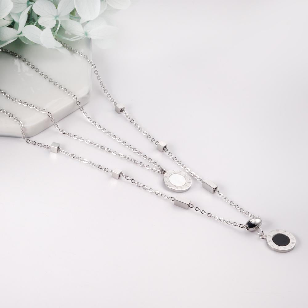 New Design Romantic Double Pendant Necklace For Women Design Roman Numerals Trendy Black And White Shell Collier