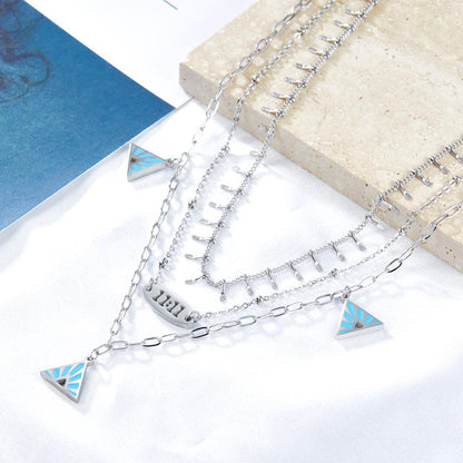 Three-Layered Necklaces Blue Pyramid Pendant For Women Gilrs Gold Color Stainless Steel Choker Elegant Neck Collar
