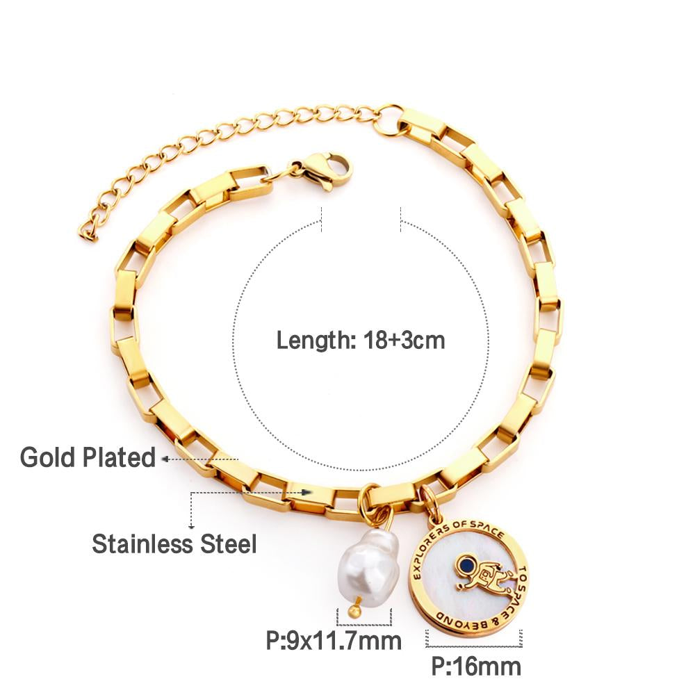 ASON Gold Color Stainless Steel 18+3cm Round Ring Spaceman And Pearl Jewelry Accessory Bracelets For Women Streetwear Daily