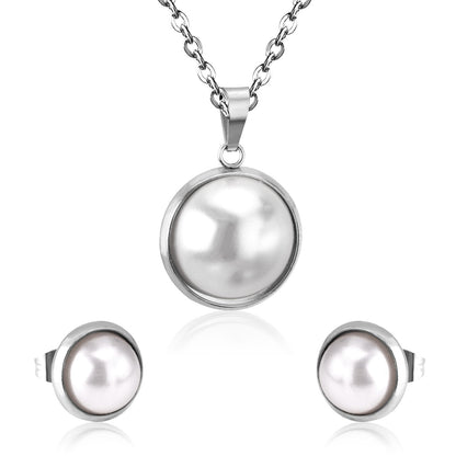 Half Imitation Pearl Stainless Steel Necklace Earrings Set Gold/Silver Color For Woman Wedding Jewellry Accessories