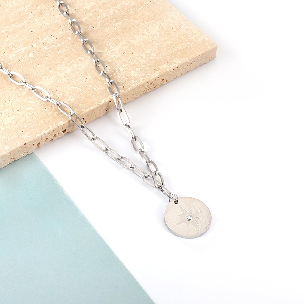 ASON Trendy Round Charm Luck Star Pendant Necklace Chains Gold Color Stainless Steel For Women Jewelry Chokers Simple Style