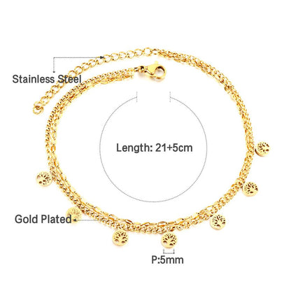 ASON Trendy Round Hollow Out Tree Accessories Multi-layer Chain Anklet Gold Color Stainless Steel For Women Fashion Jewelry