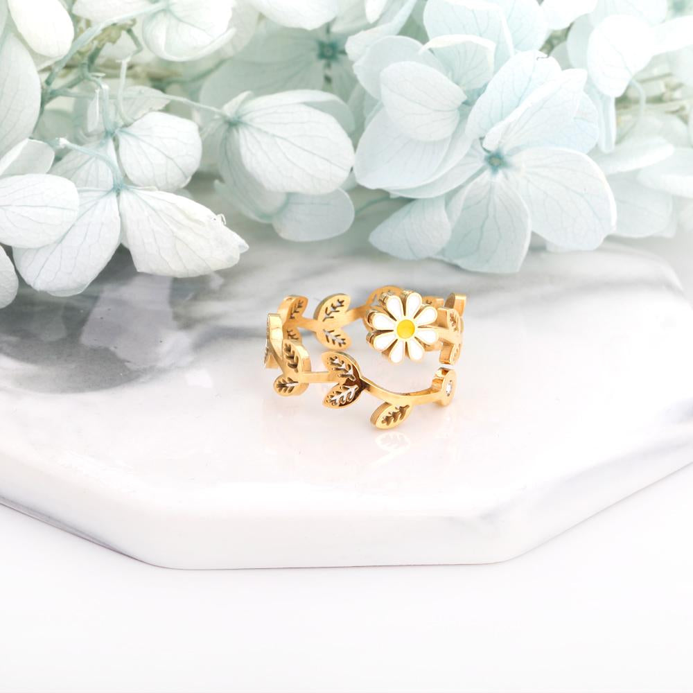 ASON Romantic Leaf Shape Carved Ring With White Flower Gold Color Stainless Steel For Women Jewelry Accessory Daily Wear