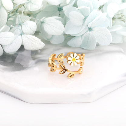 ASON Romantic Leaf Shape Carved Ring With White Flower Gold Color Stainless Steel For Women Jewelry Accessory Daily Wear