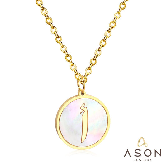 ASON White Shell Gold Color Initial Letter Fashion Pendant Necklace Stainless Steel Alphabet Link Chain for Gift