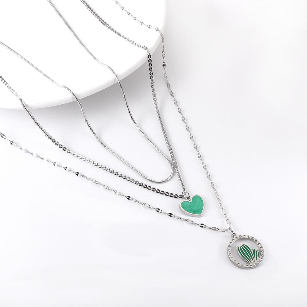 ASON Trendy Heart Cactus Accessories Multi-layer Chain Pendant Necklace Gold Color Stainless Steel For Women Jewelry Choker