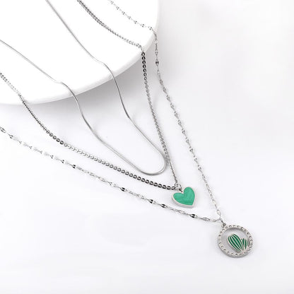 ASON Trendy Heart Cactus Accessories Multi-layer Chain Pendant Necklace Gold Color Stainless Steel For Women Jewelry Choker