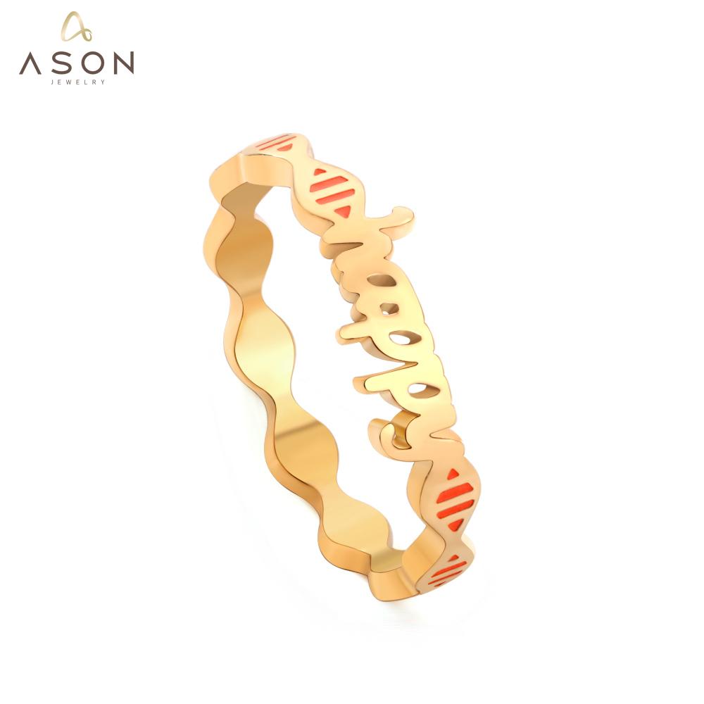 ASON Gold Color Trendy Stainless Steel HAPPY Letter Shape Ring For Women Party Gift Fashion Jewelry Accessory Daily Wear