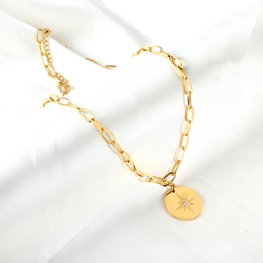 ASON Trendy Round Charm Luck Star Pendant Necklace Chains Gold Color Stainless Steel For Women Jewelry Chokers Simple Style