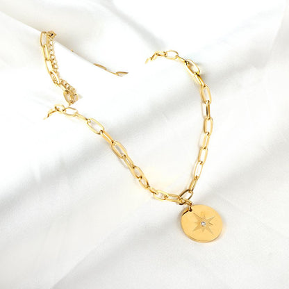 ASON Trendy Round Charm Luck Star Pendant Necklace Chains Gold Color Stainless Steel For Women Jewelry Chokers Simple Style