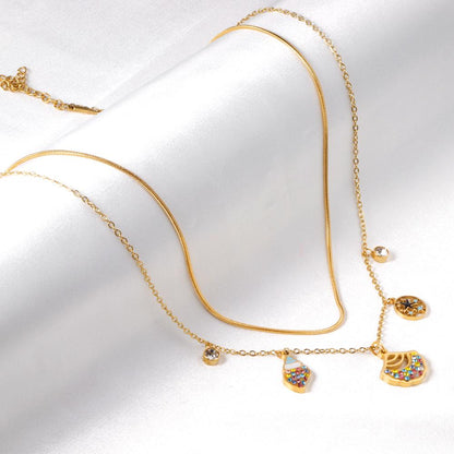 Popular Fan Shape Conch Double Chain Mix Cubic Zirconia Pendant Necklaces For Women Party Jewelry Parts choker