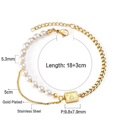 ASON Fashion Imitation Pearl Link Bracelets Stainless Steel Tree Charm Bangles for Women with 3cm Extender Jewelry Gift