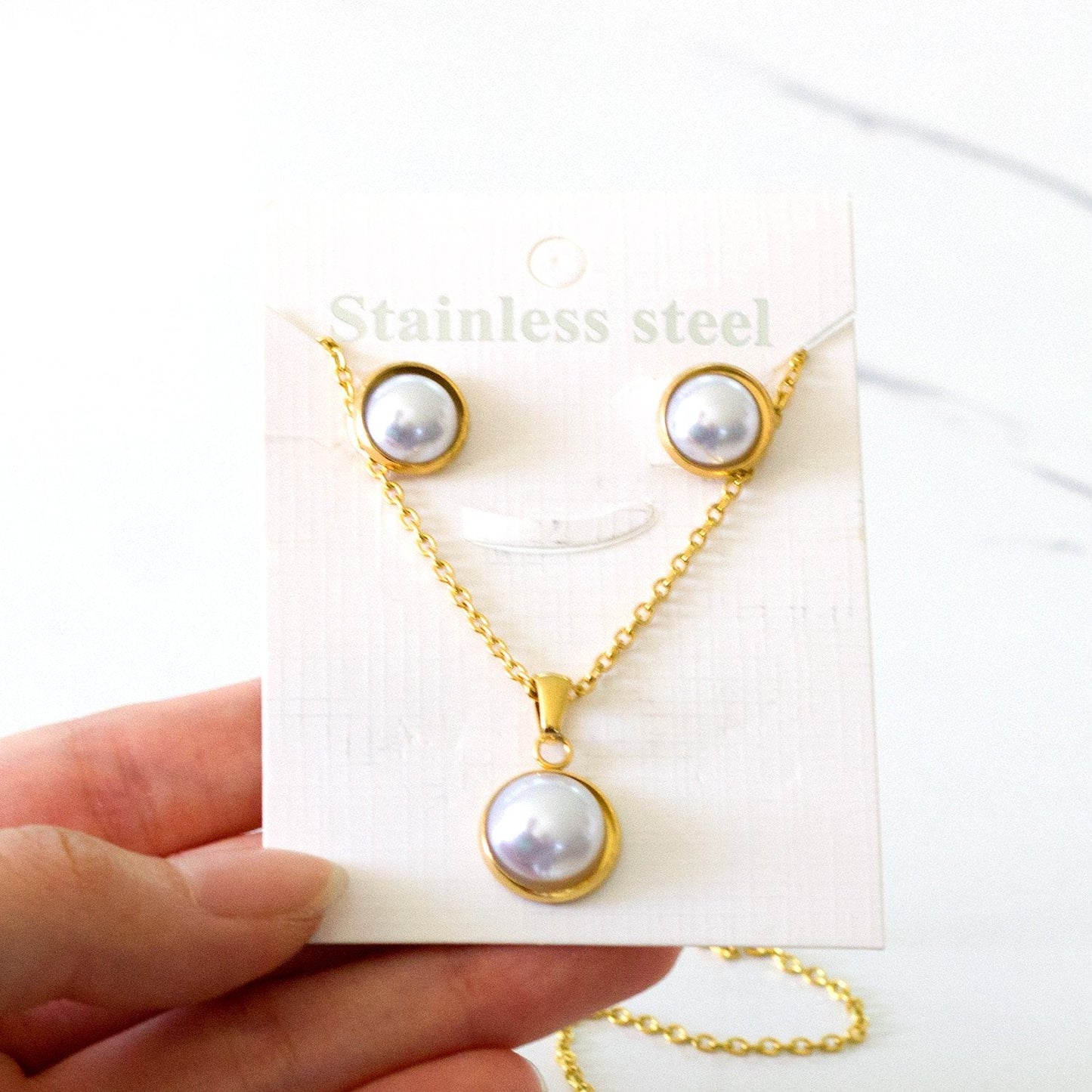 Half Imitation Pearl Stainless Steel Necklace Earrings Set Gold/Silver Color For Woman Wedding Jewellry Accessories