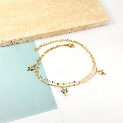 ASON Trendy Dragonfly Mixed Color Accessories Multi-layer Chains Anklet Gold Color Stainless Steel For Women Foot Jewelry