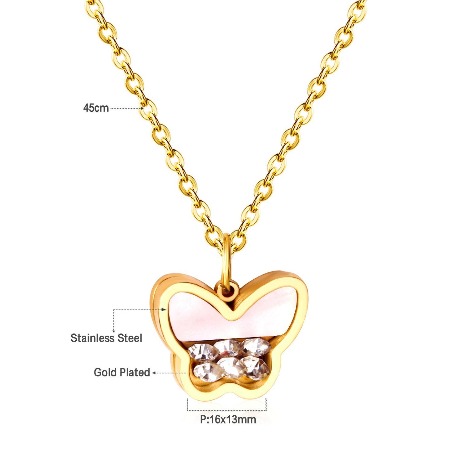 Butterfly CZ Shell Pendants Necklaces Women Gold Stainless Steel Link Chains Choker Necklace collares colar collier