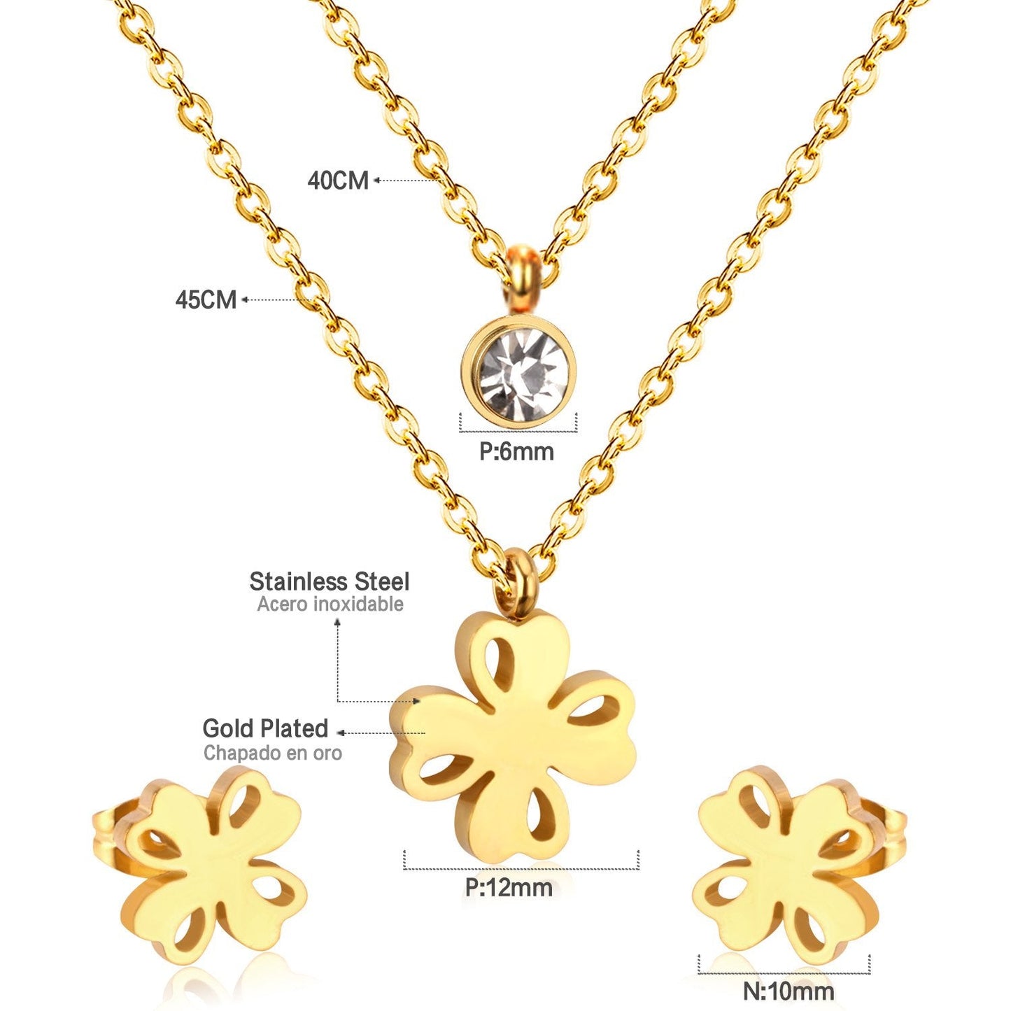 Flower Pendant Chain Crystal Gold Stainless Steel Double Necklace Stud Earrings Sets For Women  African Jewelry Set