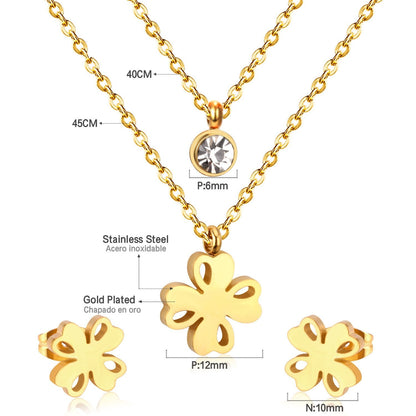 Flower Pendant Chain Crystal Gold Stainless Steel Double Necklace Stud Earrings Sets For Women  African Jewelry Set