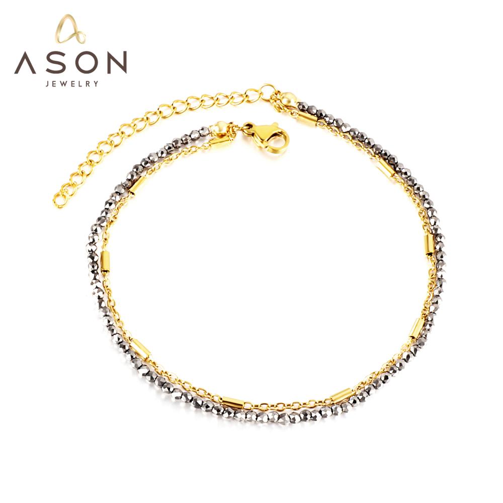 ASON Trendy Carbon Black Beads Accessories Multi-layer Chains Anklets Gold Color Stainless Steel For Women Jewelry Boho