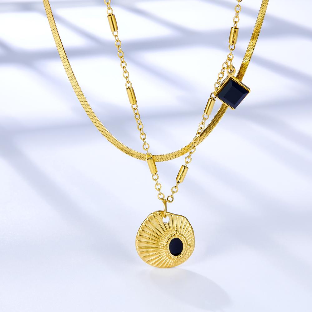 Chic Women Doulbe Layer Necklace Shell Black Drip Oil Charm Gold Color Stainless Steel Snake Chain For Girls